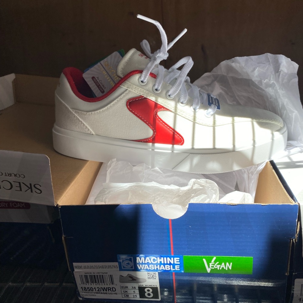 Skechers Vegan White and Red Sneakers